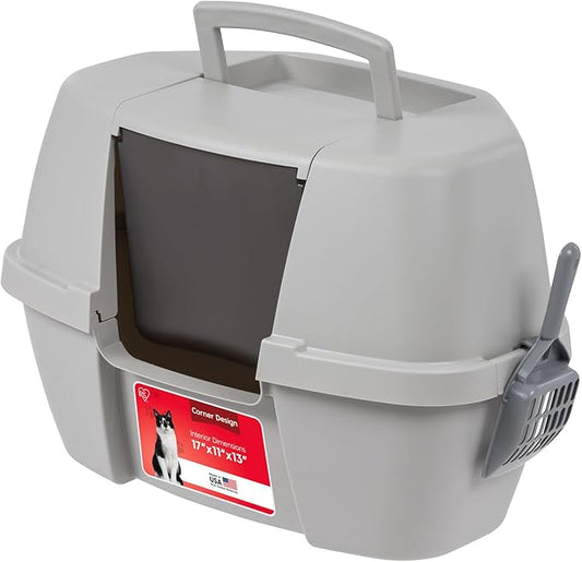IRIS USA Corner Cat Litter Box - Enclosed Corner Litter Box with Scoop, Hooded Litter Tray for Corners, Space-Saving Covered Litter Box, Odor Defensive, Gray