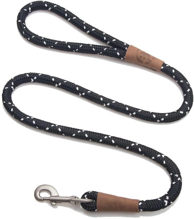 Mendota Pet Snap Leash - British-Style Braided Dog Lead, Made in The USA - Night Viz Black, 1/2 in x 4 ft - for Large Breeds