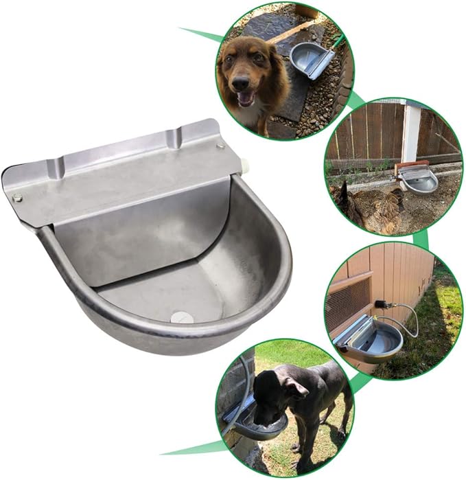 Stainless Steel Automatic Dog Waterer Bowl with Float Valve and 1M Hose(one end 3/4''), Livestock Waterer for Dog Goat Cattle (with Drainage Hole)