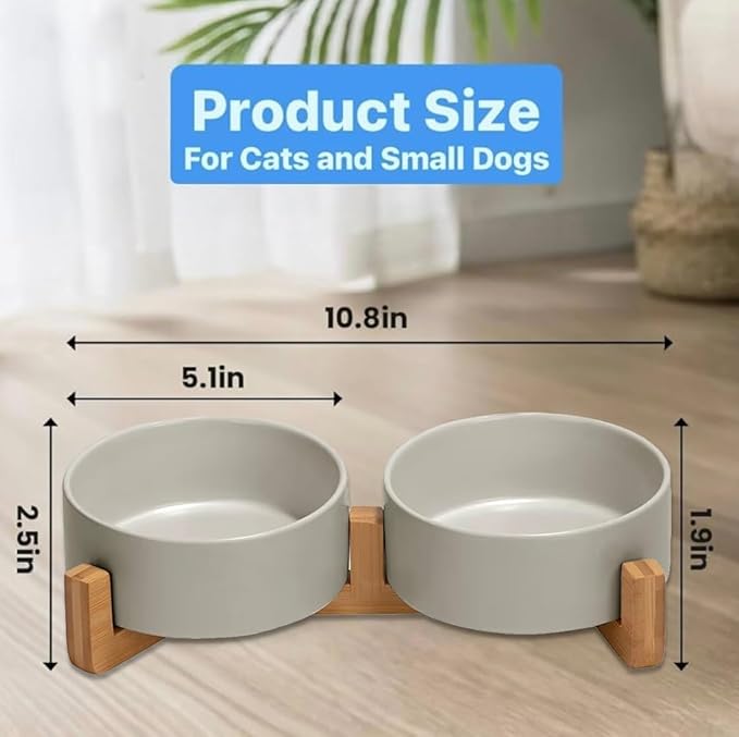 Ceramic Cat and Small Dog Bowl Set – Modern Indoor Small Size Pet Food and Water Bowls with Wood Stand – Non Slip Puppy Sized Feeding Station with Double Dishes (Gray)