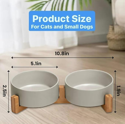 Ceramic Cat and Small Dog Bowl Set – Modern Indoor Small Size Pet Food and Water Bowls with Wood Stand – Non Slip Puppy Sized Feeding Station with Double Dishes (Gray)