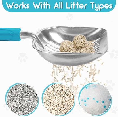 Cat Litter Scoop, Metal Cat Scooper, Plastic Handle Scoop, Sifting Shovel of Christmas– Heavy Duty Aluminum Alloy Litter Box Scoop with Deep Mesh, Design for Easy Waste Removal and Cleaning(Lake Blue)
