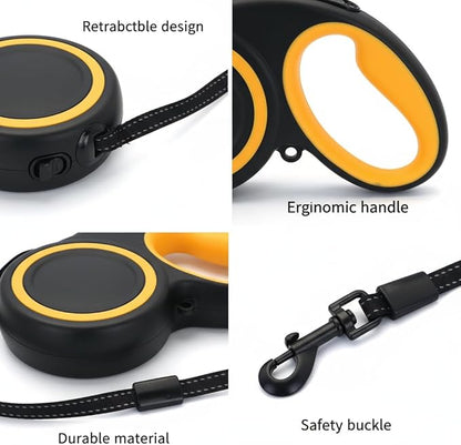 Retractable Dog Leash, 360° Tangle-Free Highly Reflective Nylon Tape, Non-Slip Rubberized Handle, 10-16FT Long Dog Leash for Dogs up to 66LBS,S-Black