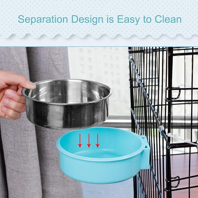 Crate Dog Bowl, Removable Stainless Steel Water Food Feeder Bowls Hanging Pet Cage Bowl Cage Coop Cup for Dogs Cats Puppy Rabbits Bird and Small Pets (Large (Pack of 2), Round (Blue+Green))