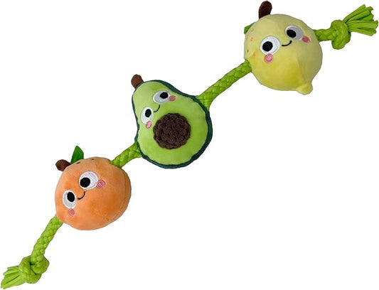 Plush Fruit Dog Rope Toy with 3 Squeakers, Plush Orange Lemon Avocado Design