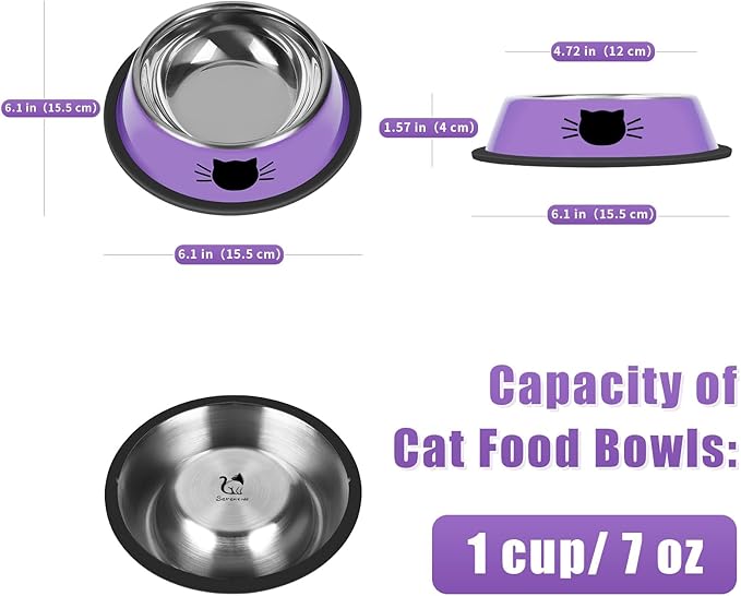 Serentive 2 Pcs Non-Slip Stainless Steel Small Cat Food Bowls - Unbreakable, 7 Oz, Suitable for Indoor Small Pets - Removable Rubber Base, Easy to Clean, Lovely Color