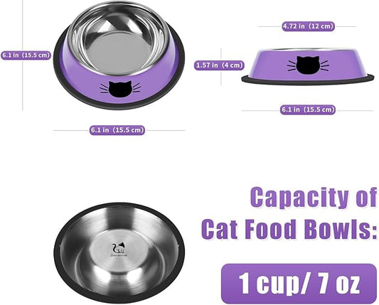 Serentive 3 Pcs Non-Slip Stainless Steel Small Cat Food Bowls - Unbreakable, Thicken 7 Oz Cat Dishes - Indoor, Removable Rubber Base, Easily Clean, Lovely Color