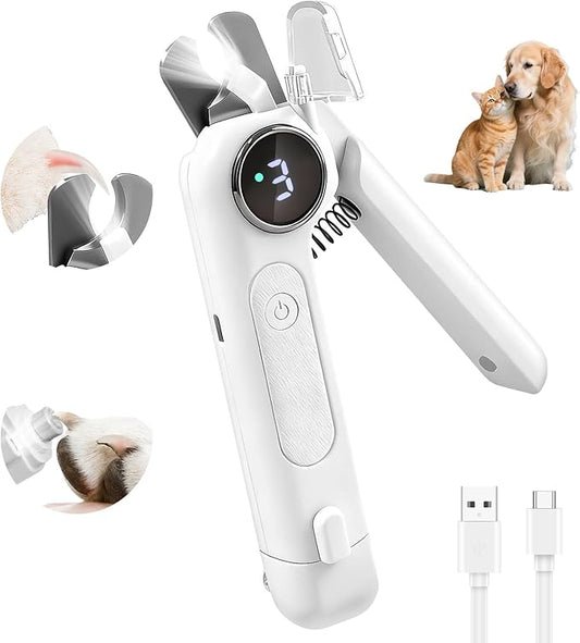 2-in-1 Dog Nail Clippers and Grinder, Electric Dog Nail Trimmer for Large Medium Small Dogs & Cats with 3 Speeds, USB Rechargeable, Quick Sensor, Splash Guard & LED Lights, Safe & Painless (White)