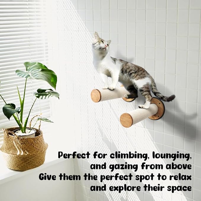 Cat Wall Furniture, Cat Hammock Wall Mounted Cat Shelf with 2 Steps, Cat Climbing Shelves and Perches and Lounging with Metal Frame and Wooden Shelf for Cozy Rest - MK2026B