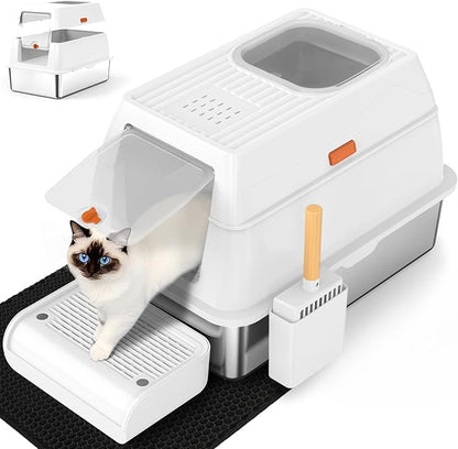 SZEE XL Stainless Steel Litter Box with Lid, Extra Large Metal Covered Litter Box, Stainless Box Easy Clean, Activated Charcoal Odor Control Design, Includes Litter Scoop & Mat & Step, White