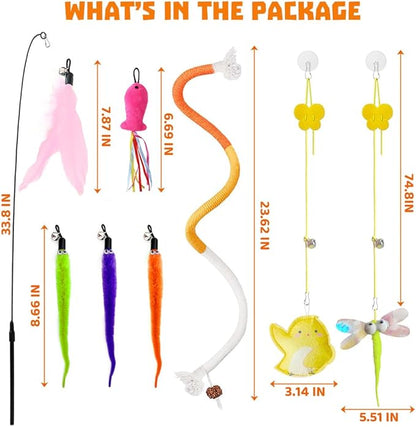 Interactive Cat Toys 8 Pcs, 1 Interactive Wand, 1 Cat Chew Ropes 7 Assorted Teaser Refills and 2 Indoor Hanging Catnip Toy Suitable for Bored Adult Cats and Kittens Play Chase Exercise