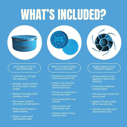 Stainless Steel Slow Feeder Dog Bowl for Large Dogs | 64 oz, Non-Slip Base with Textured Lick Mat Lid & Silicone Slow Feeder Insert – Deep Anti-Gulp Metal Puzzle Bowl for Large Breeds (Eli Blue)