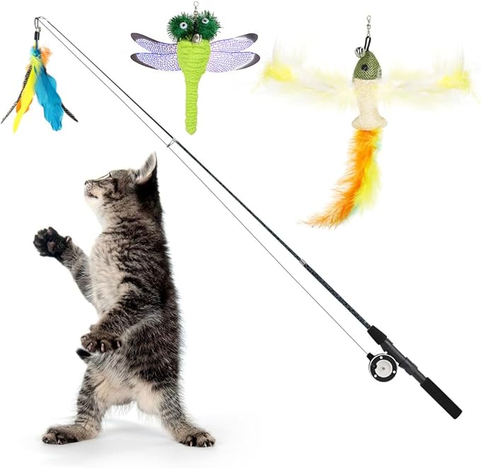Pawaboo Cat Feather Toys, 4 Pack Interactive Cat Feather Teaser Wand Toys, Retractable Fishing Pole Wand Catcher Exerciser with Refill Fish, Dragonfly Worm with Bells, Blue Yellow Green