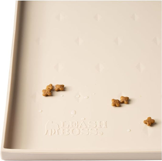 Leash Boss Dog Food Mat - Waterproof Cat & Dog Bowl Mat for Food and Water, Silicone Pet Feeding Mats for Floors, Non-Slip Placemat with High Edges, Puppy Essentials (Small: 18"x11", Beige)