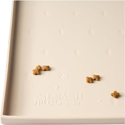 Leash Boss Silicone Pet Bowl Mat - Non-Slip Surface Secures Dog Food Tray - Raised Edge Spill Guard Cat Water Mat - Dishwasher-Safe Silicone Tray for Dog Food & Water - XL 25 x 17 in, Beige