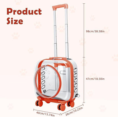 Pet Carrier with Wheels for Cats and Dogs, Clear Hard-Shell Rolling Pet Carrier with Retractable Handle, Airline-Approved Travel Carrier, Portable Cat and Dog Stroller (Orange)