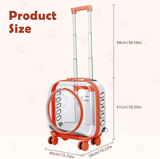Pet Carrier with Wheels for Cats and Dogs, Clear Hard-Shell Rolling Pet Carrier with Retractable Handle, Airline-Approved Travel Carrier, Portable Cat and Dog Stroller (Orange)
