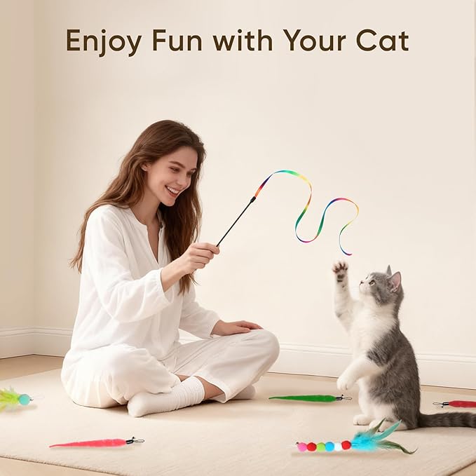 Cat Toys for Indoor Cats, 13 Packs Interactive Cat Wand Toy Set with Feather Toys & Teasers, Fun Cat Toys for Exercise, Playtime and Boredom Relief