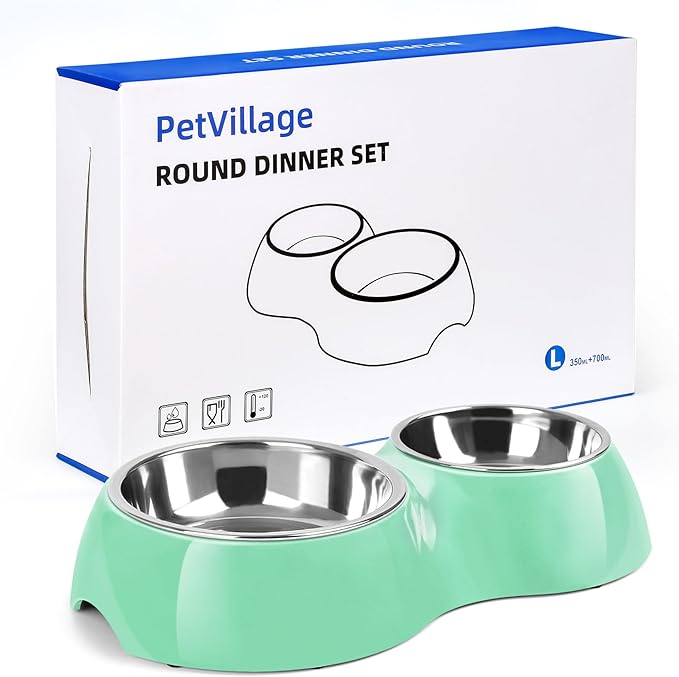Elevated Dog Bowls Set - Non-Slip Raised Pet Feeder with Medium (2 Cups) & Large (4 Cups) Stainless Steel Bowls - Includes Durable Resin Stand for Corgi Puppies and Adult Cats - Green