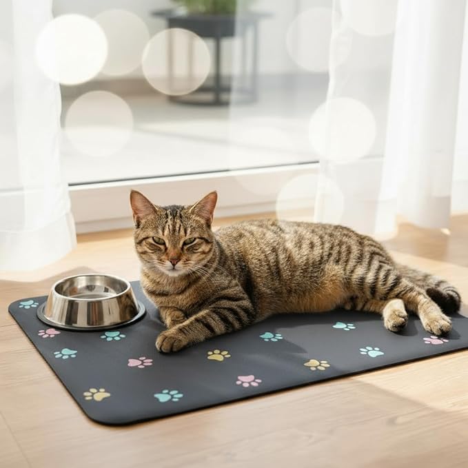 Cat Food Mat Absorbent Dog Mat for Food and Water Non Slip Quick Dry Dog Bowl Mats for Floors 19" X 12" Paw Dark Gray