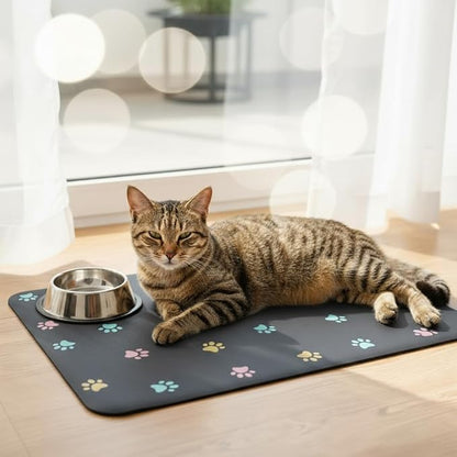 Cat Food Mat Absorbent Dog Mat for Food and Water Non Slip Quick Dry Dog Bowl Mats for Floors 19" X 12" Paw Dark Gray