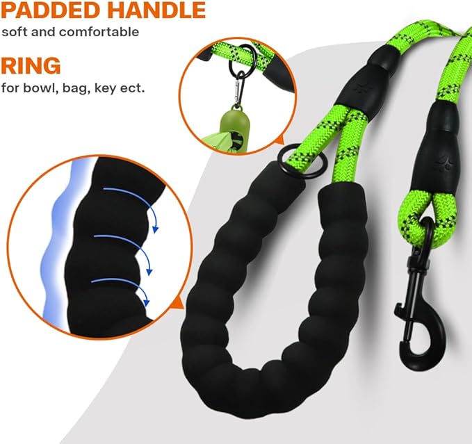 Taglory Rope Dog Leash 4 FT with Comfortable Padded Handle, Highly Reflective Threads Leash and Anti-Tangle Clip for Walking Small Dogs, 3/8 inch, Green