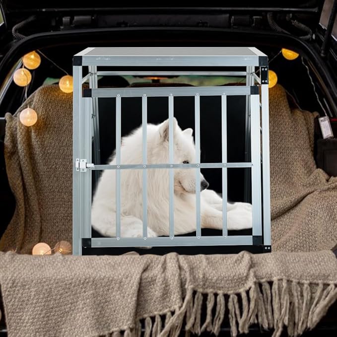 Durable Aluminum Pet Travel Carrier for Dogs and Cats – Lightweight, Ventilated, Secure Transport Box for Car and Air Travel (Single Door Black + Silver + Metal)