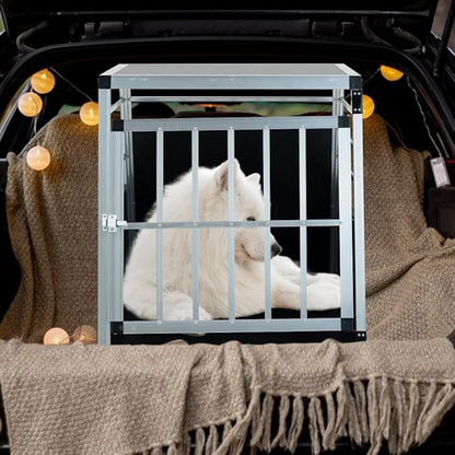 Durable Aluminum Pet Travel Carrier for Dogs and Cats – Lightweight, Ventilated, Secure Transport Box for Car and Air Travel (Single Door Black + Silver + Metal)