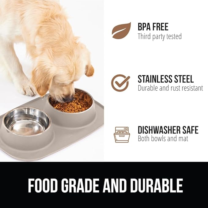 GORILLA GRIP Feeding Mat Bowl Set, 3 Cup 100% Waterproof BPA Free Silicone Base, 304 Stainless Steel Cat and Dog Bowls for Food and Water, Slip Resistant, High Edge, US Designed, Patent Pending, Beige