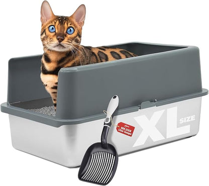 iPrimio XL Stainless Steel Litter Box for Cats with Enclosure and 1 Scooper - Easy to Clean, High-Sided Litter Box for Extra Litter Scatter Protection - XL Size for Big Cats - 23.5"x15.5"x6"