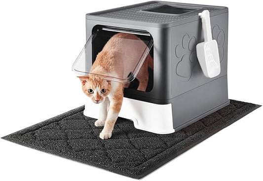 Cat Litter Box with X-Large Litter Mat and Scoop, Large Covered Litter Box with Lid, Enclosed Kitty Box,Front Top Entry Exit, Odor Control Easy to Clean (Upgrade Dark Grey)