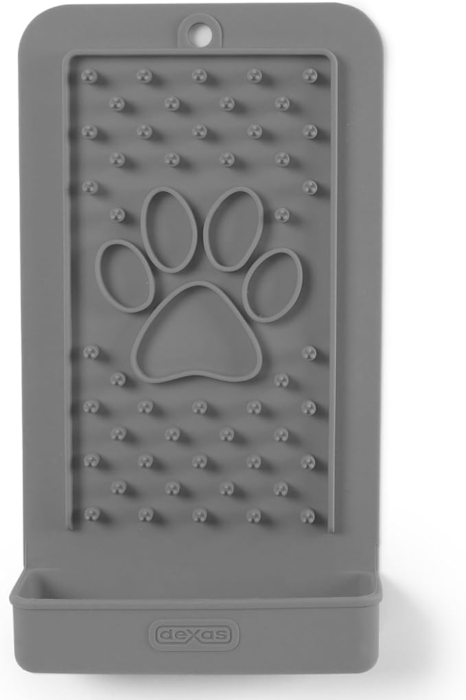 Dexas Snack & Distract Licking Mat with Catch Tray for Dogs and Cats-5"x 9", Light Gray. Sticks to Most Slick or Smooth Surfaces. Eases Anxiety, Prevents Boredom, Entertains and Distracts.
