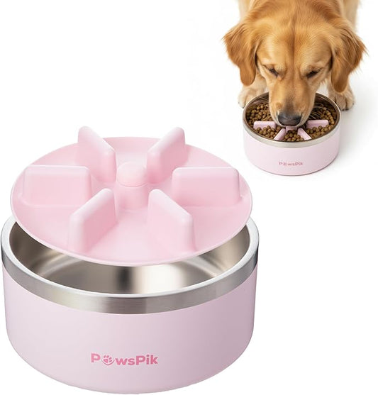 PawsPik 64oz 18/8 Stainless Steel Slow Feeder Dog Bowl, Double-Wall Non-Slip Metal Dog Bowl for Fast Eating Medium & Large Breeds, Detachable Slow Feeder Insert, Dishwasher Safe (Cherry Blossom Pink)