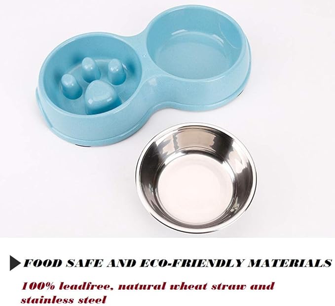 Double Pet Slow Feeder Bowl,Stainless Steel Anti-Choke Puppy Food and Water Feeder with Pet Finger Toothbrush for Small Medium Dog Cats Healthy Care and Adjust Weight