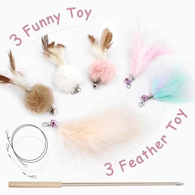 SONGWAY Interactive Cat Feather Toys - 7 PCS Cat Toys Set for Indoor Cats, Retractable Wand with Feather Tail Toy Refills, Kitten Toys Gift, Pink