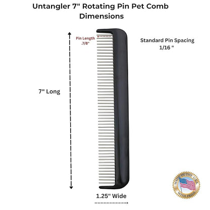 Pet comb for easy mat removal - silky smooth rotating teeth untangles without causing pain to pets (7" Onyx Black)