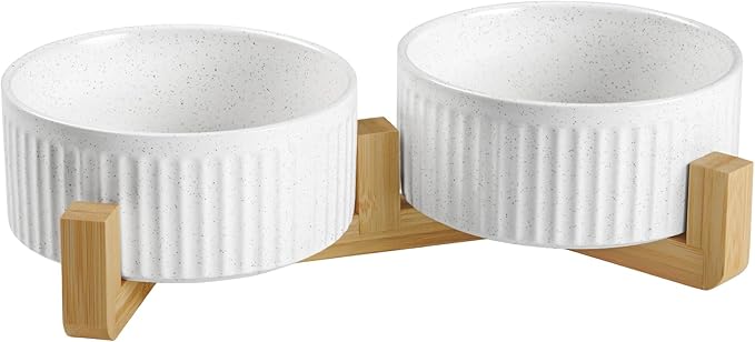 Non-Slip Ceramic Dog Bowls with Wooden Stand,8" Dog Food and Water Bowl Set with Silicone Base, 64 OZ/8 Cups Weighted Flip-Proof Pet Feeding Bowl for Small Dogs and Cats (Large,White)