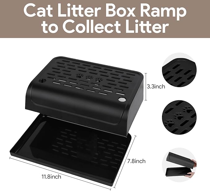 Cat Ramp for Litter Box Step, Self Cleaning Cat Litter Box Ramp Trapper with Storage, Small Step Pedal Stool with Filter Function Steps for Small & Elderly Cats(Black 11.8"x 7.87"x 3.3")