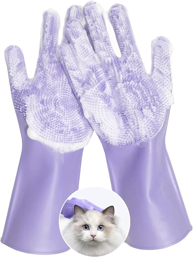 Pet Grooming Gloves, bite-Resistant pet Bathing Gloves with Non-Slip Particles, Suitable for Wet and Dry use, for All Ages. Ideal as a Grooming Brush Glove for Dogs and Cats. Purple 1 Pak.