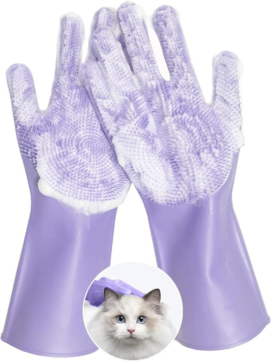 Pet Grooming Gloves, bite-Resistant pet Bathing Gloves with Non-Slip Particles, Suitable for Wet and Dry use, for All Ages. Ideal as a Grooming Brush Glove for Dogs and Cats. Purple 1 Pak.