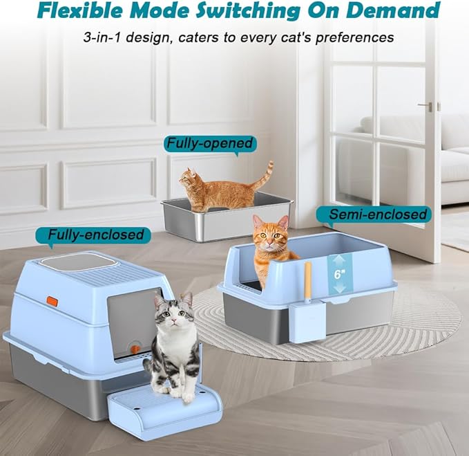 SZEE XL Stainless Steel Litter Box with Lid, Extra Large Metal Covered Litter Box, Stainless Box Easy Clean, Activated Charcoal Odor Control Design, Includes Litter Scoop & Mat & Step, Blue