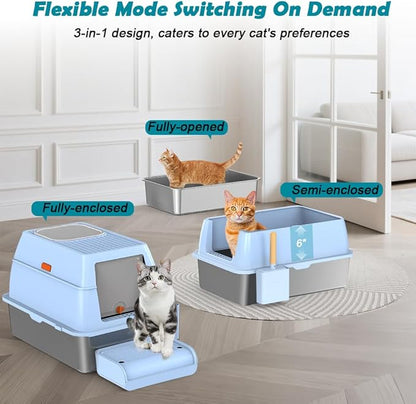 SZEE XL Stainless Steel Litter Box with Lid, Extra Large Metal Covered Litter Box, Stainless Box Easy Clean, Activated Charcoal Odor Control Design, Includes Litter Scoop & Mat & Step, Blue