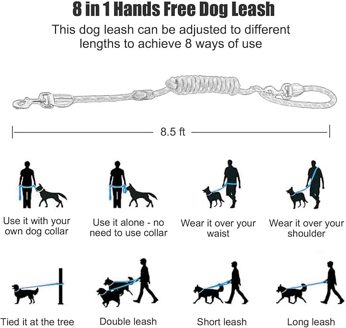 Hands Free 8.5ft Nylon Double Dog Leash with Reflective Stitching, Adjustable Waist Fits All for Medium Large Dogs - Blue