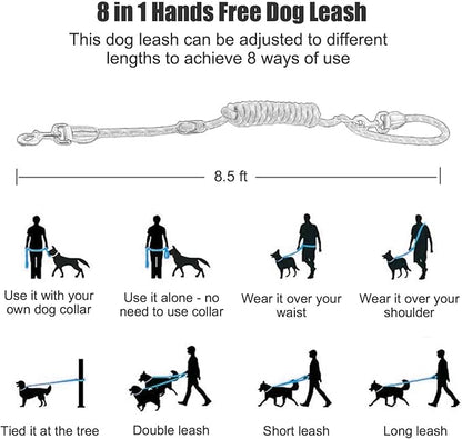Hands Free 8.5ft Nylon Double Dog Leash with Reflective Stitching, Adjustable Waist Fits All for Medium Large Dogs - Blue