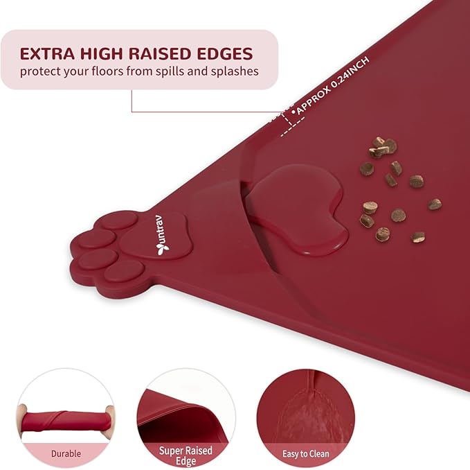 Waterproof Pet Feeding Mats with High Lips - Multiple Size and Colors, Silicone Mat, Nonslip Pet Food Mat for Dogs, Cats with Prevent Water goes Down (Vulkanrot)