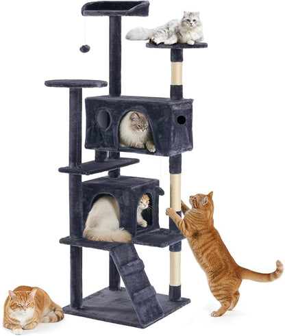 DUMOS 62-inch Indoor Cat Tree Tower –Multi-Level Pet House for Large Cats with 2 Condos, Scratching Posts, Round Platform, Small Ladder, and Toys, Grey