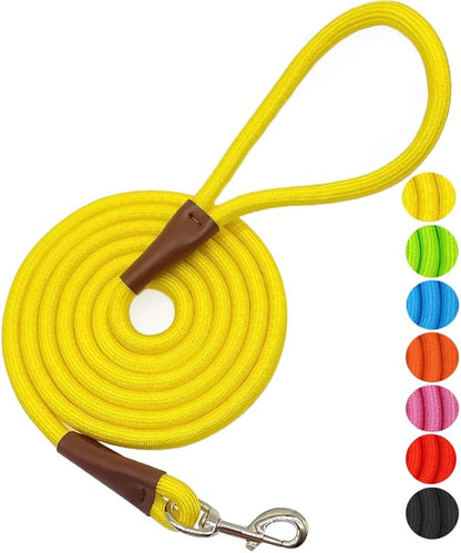 MayPaw 4/6 /8/10 FT Dog Leash, Classic Solid Colors, Strong Nylon Rope Dog Leash Reinforced with Leather Tailor Connection Heavy Duty Silver Clasp (Yellow, 4ft*1/2")