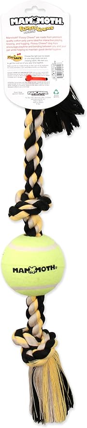 Mammoth Flossy Chews Color 3 Knot Tug w/Large Tennis Ball – Premium Cotton-Poly Tug Toy for Dogs – Interactive Dog Tug Toy – Rope Dog Toy with Tennis Ball for Large Dogs - 24”
