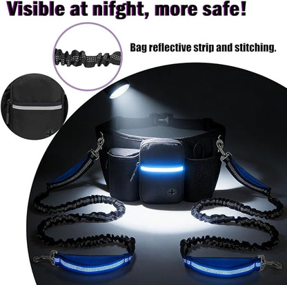 Hands Free Dog Leash for 2 Dogs, Adjustable Waist Belt, Reflective Stitching Leash with Double Padded Handles for Running, Hiking