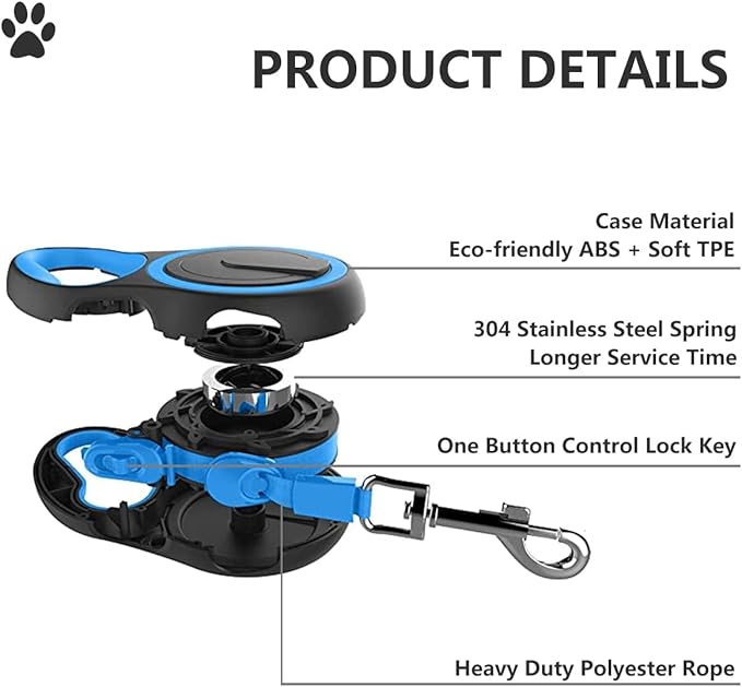 Dual Retractable Dog Leash for 2 Dogs (Blue) - 16ft Heavy Duty Leash with One Button Lock & 360° Tangle-Free Design, for Medium/Large Dogs up to 110lbs/50kg